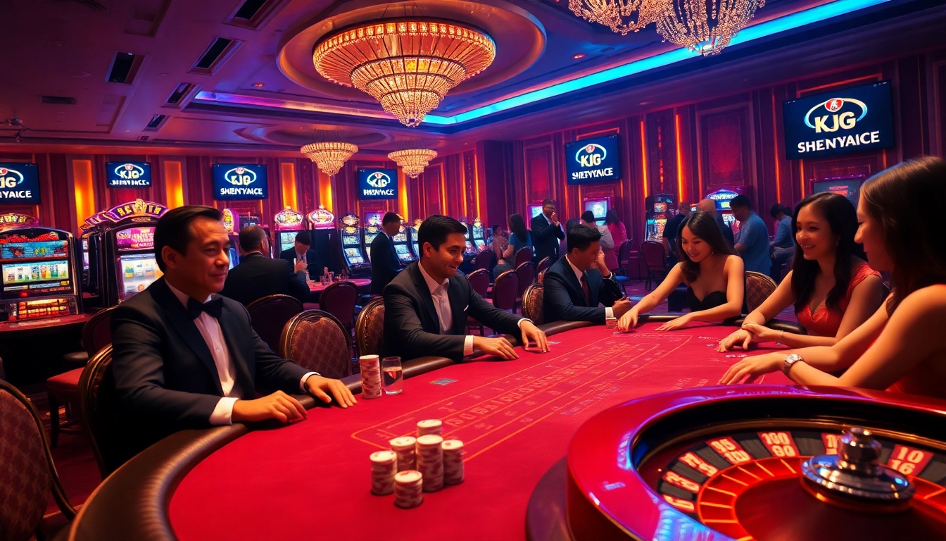 Excited gamblers at KJC casino poker table, surrounded by glamorous slot machines.