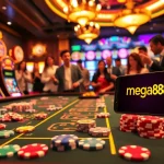Players enjoying a lively game at a luxurious casino table with mega888 branding, emphasizing excitement.