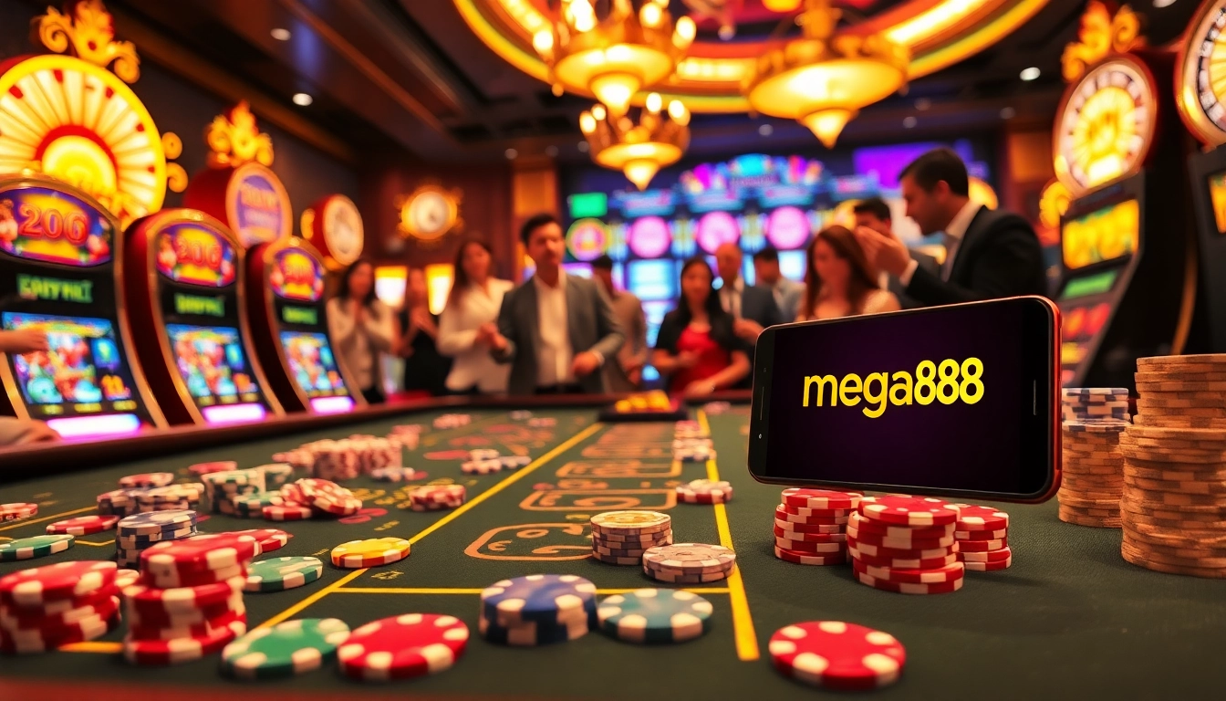 Players enjoying a lively game at a luxurious casino table with mega888 branding, emphasizing excitement.