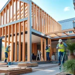 House extension construction site in Melbourne, featuring workers framing a modern extension with natural light.