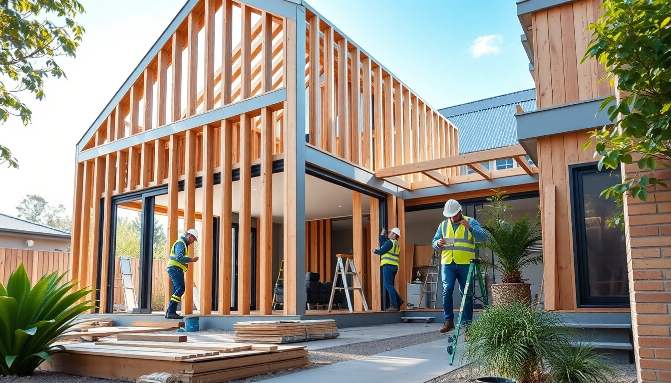 House extension construction site in Melbourne, featuring workers framing a modern extension with natural light.