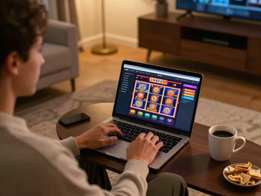 Player engaging with the VNLOTO online casino interface on a laptop for an immersive gaming experience