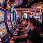 Engaged player pressing spin button on vibrant slot machine in a lively casino.