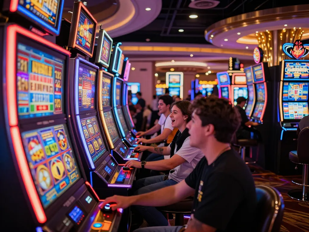 Engaged player pressing spin button on vibrant slot machine in a lively casino.