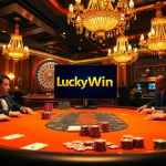 Engage with the LuckyWin experience at an upscale casino table, showcasing poker chips and cards.