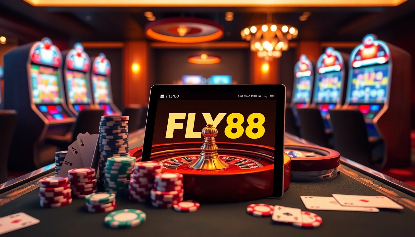 FLY88 gamers enjoy thrilling online betting at a vibrant casino table with colorful chips.