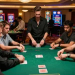 Players in high-stakes poker game at 888NOW casino, showcasing strategy and engagement.