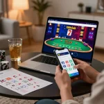 Engaged player using 789club app for live dealer blackjack in a cozy home atmosphere.