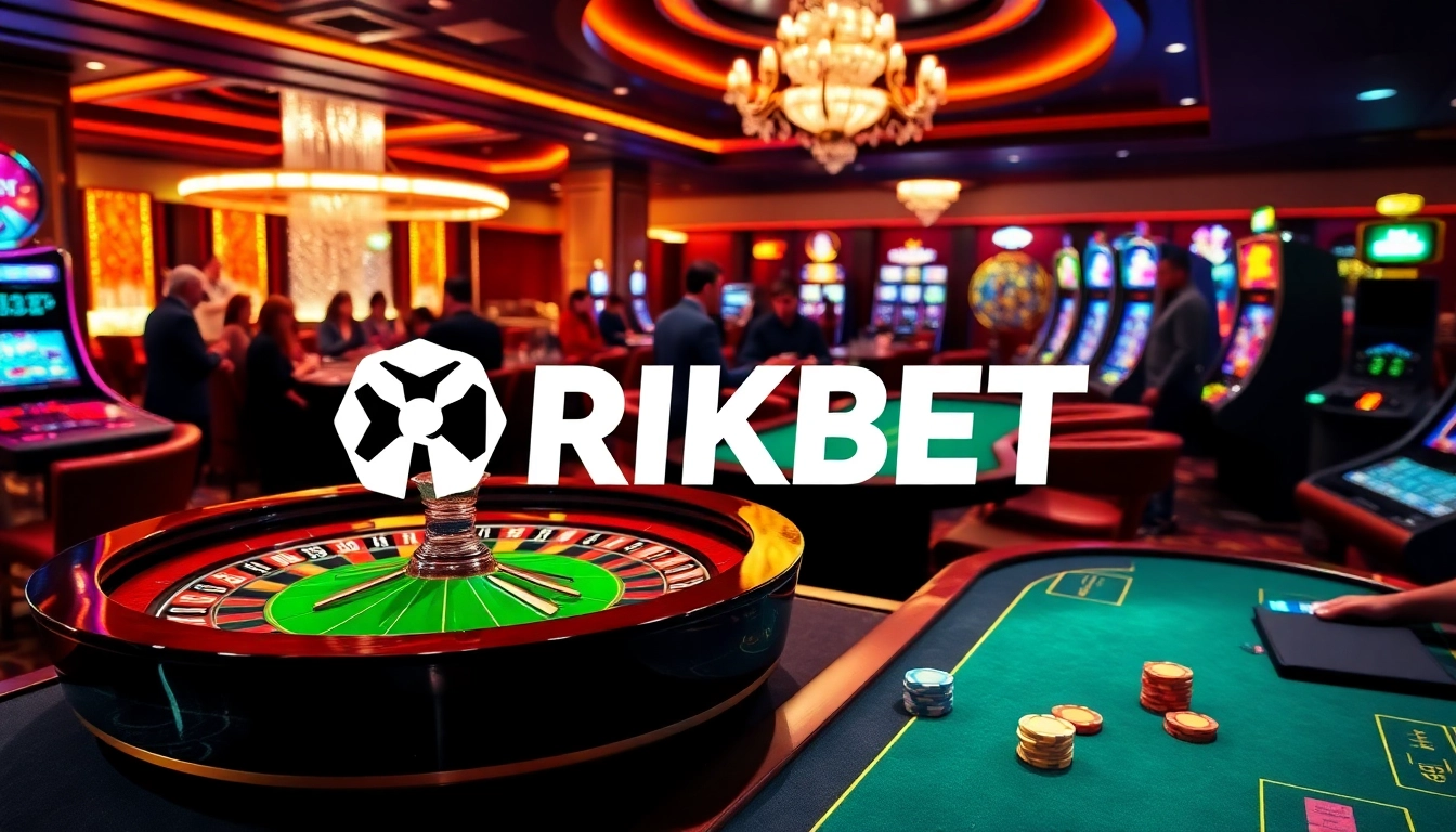 Exciting casino scene featuring RIKBET with poker players and a roulette table.