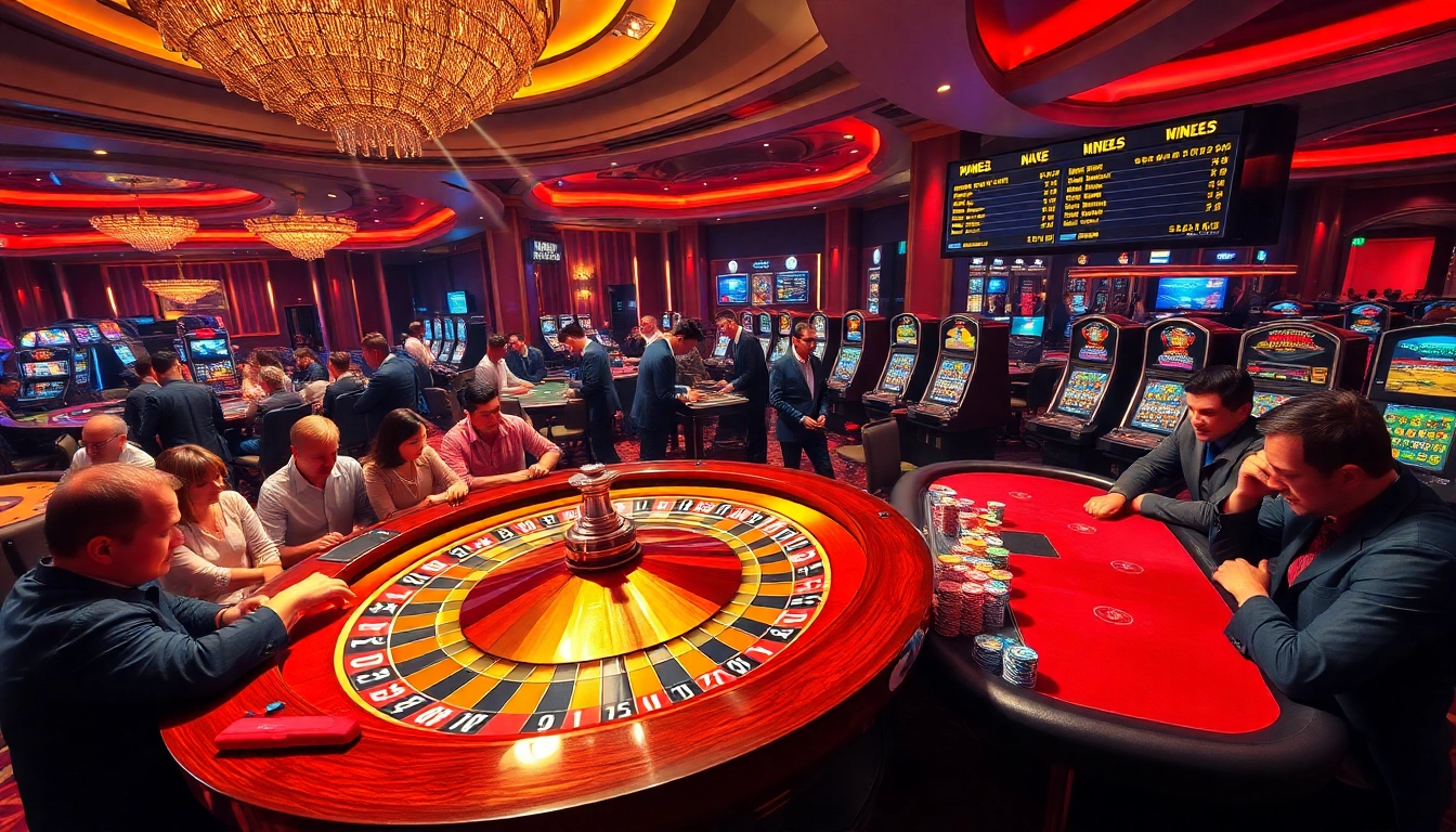 Experience the vibrant atmosphere of gambling at https://oxbet7.com/, with players engaged at the roulette and poker tables.