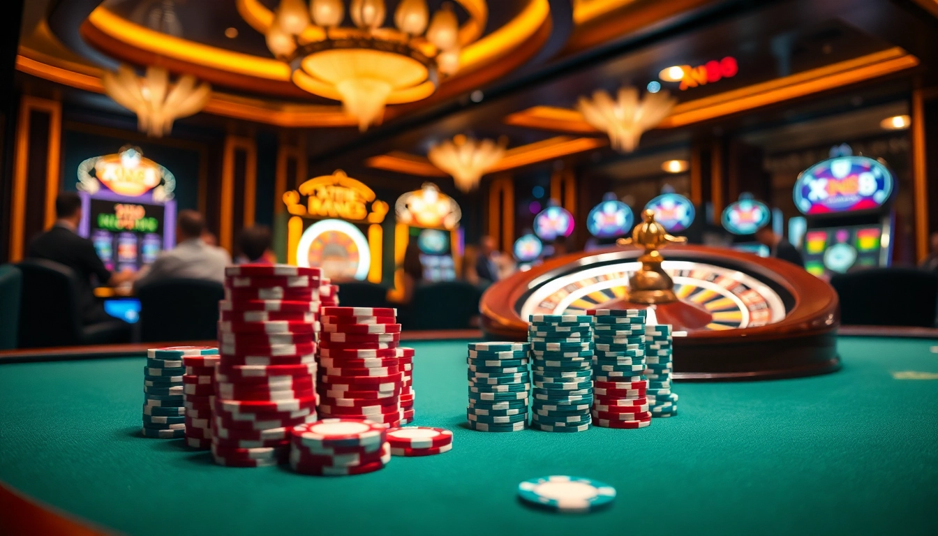 Engage with xn88 at a luxurious casino table filled with poker chips and roulette wheel excitement.
