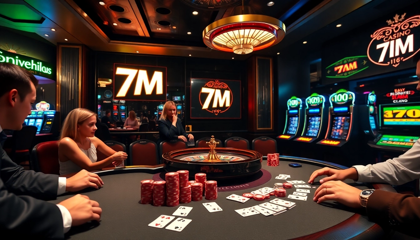 Players strategizing at a poker table with colorful chips, showcasing excitement in a 7M casino.