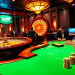 Jun88 casino patrons enjoying games at a luxurious poker table with vibrant atmosphere.