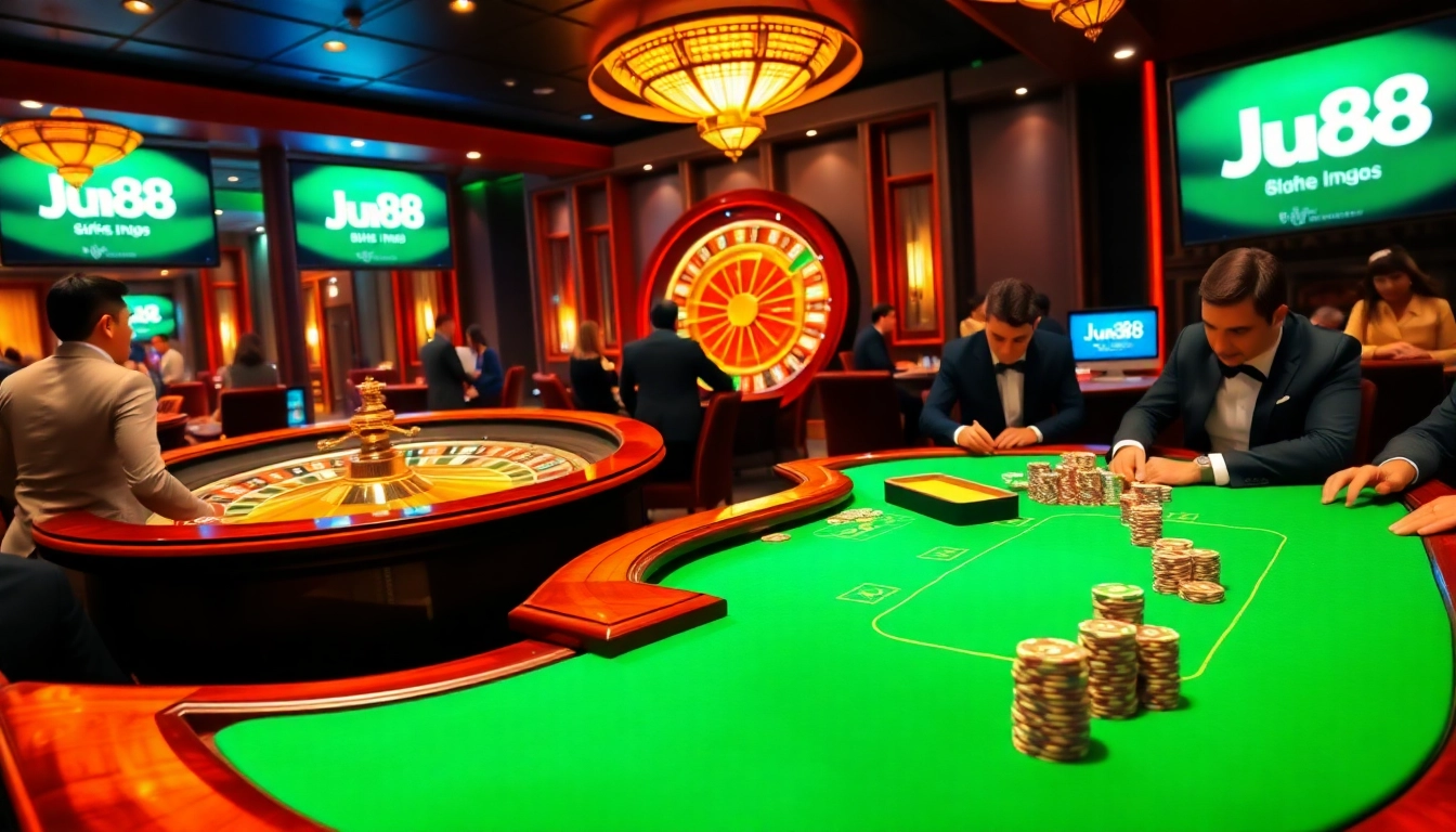 Jun88 casino patrons enjoying games at a luxurious poker table with vibrant atmosphere.