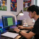 Engaged young man analyzing kèo nhà cái odds in a dynamic home office environment.