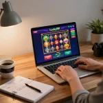 Engaging in exciting Lucky88 online casino gameplay on a laptop at home.