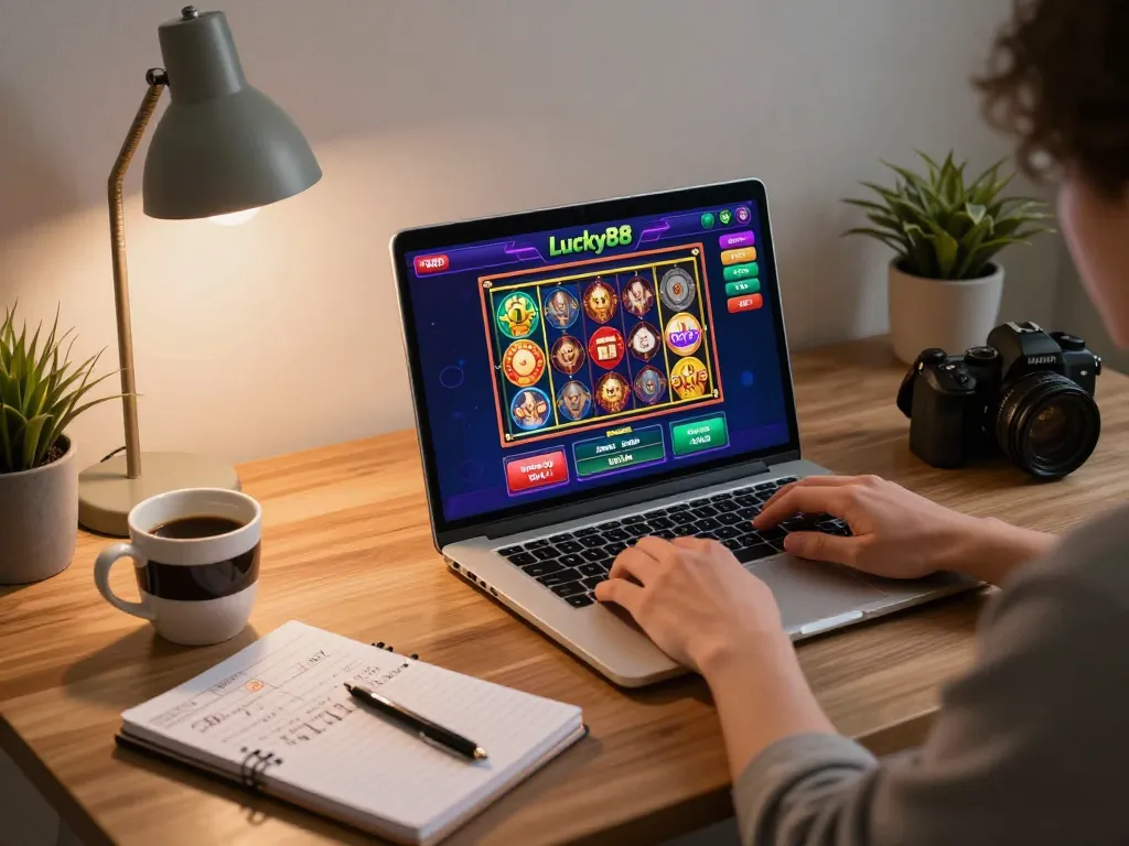 Engaging in exciting Lucky88 online casino gameplay on a laptop at home.