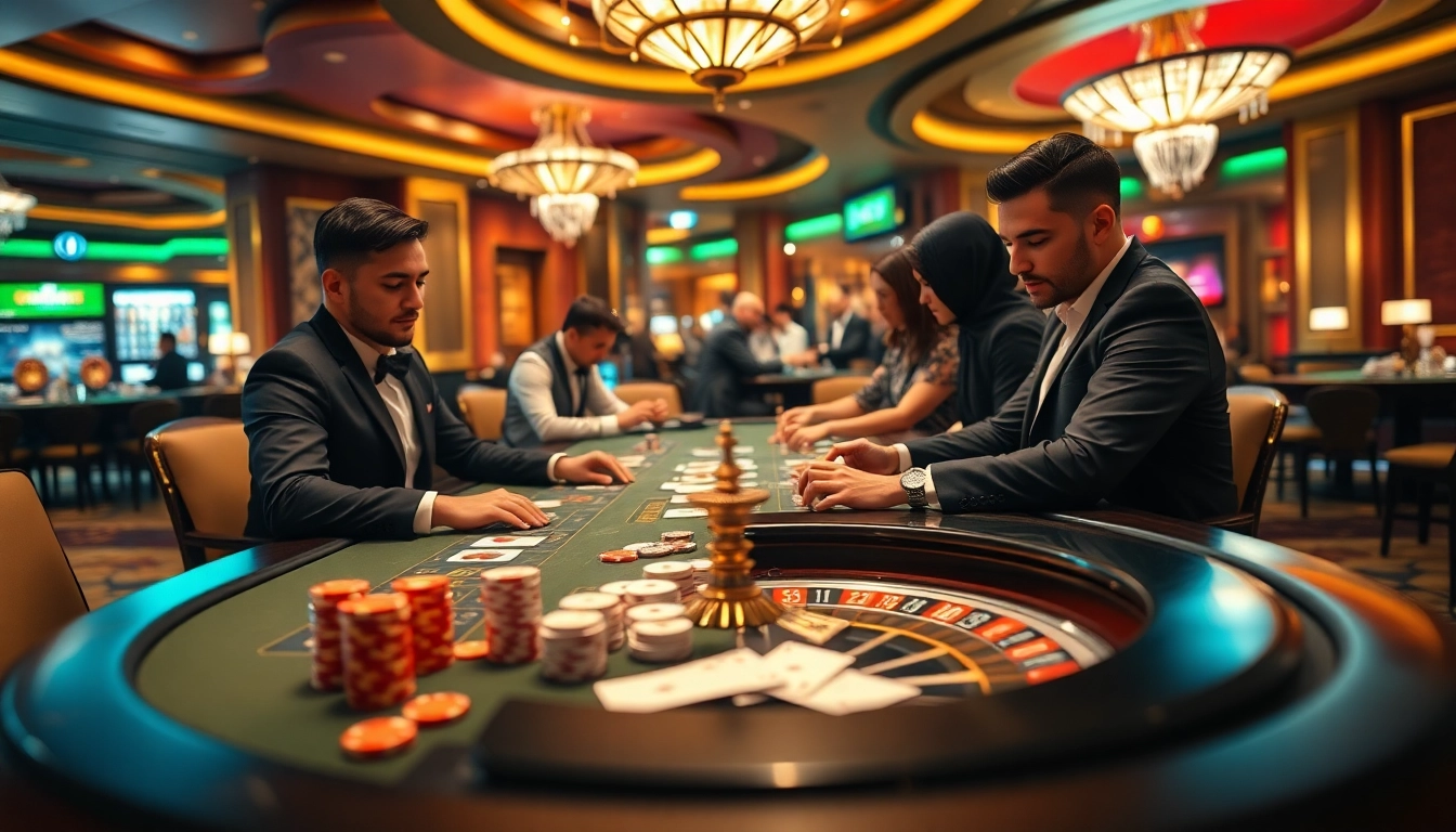 Players enjoy a thrilling poker game at 9BET's luxurious casino table with vibrant lights and exciting atmosphere.