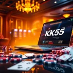 Experience the thrill of online gambling at KK55 with poker chips and a roulette wheel.
