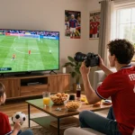 Exciting LuongSonTV football streaming experience at home with fans enjoying the match
