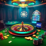 High-stakes gaming scene at 8kbet casino with roulette, poker, and vibrant slot machine elements.