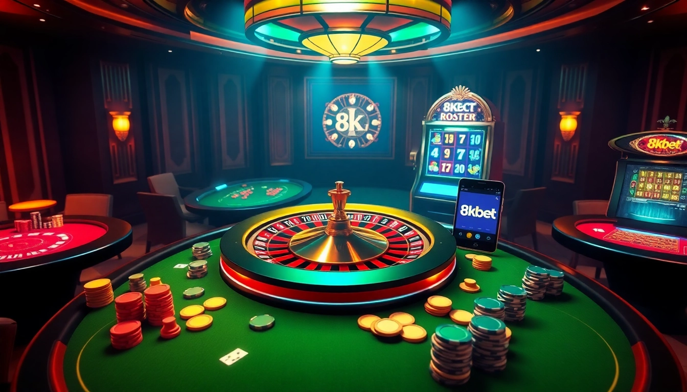 High-stakes gaming scene at 8kbet casino with roulette, poker, and vibrant slot machine elements.