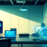 快连下载: 现代工作空间的视觉表现，象征着网络加速的技术。