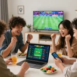 Friends enjoying online betting on NK 88 platform with excitement and camaraderie.