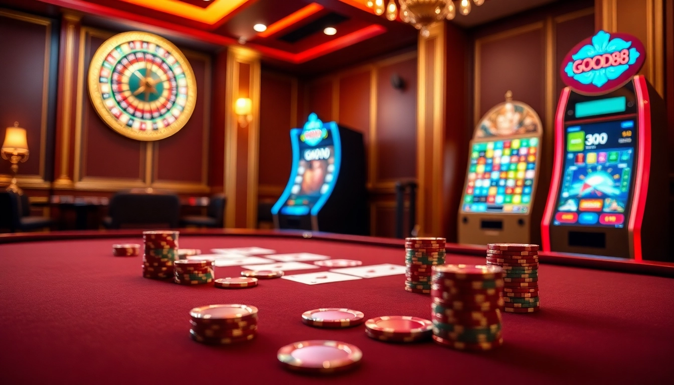 Experience the excitement of Good88 with a vibrant casino scene featuring tables and slot machines.