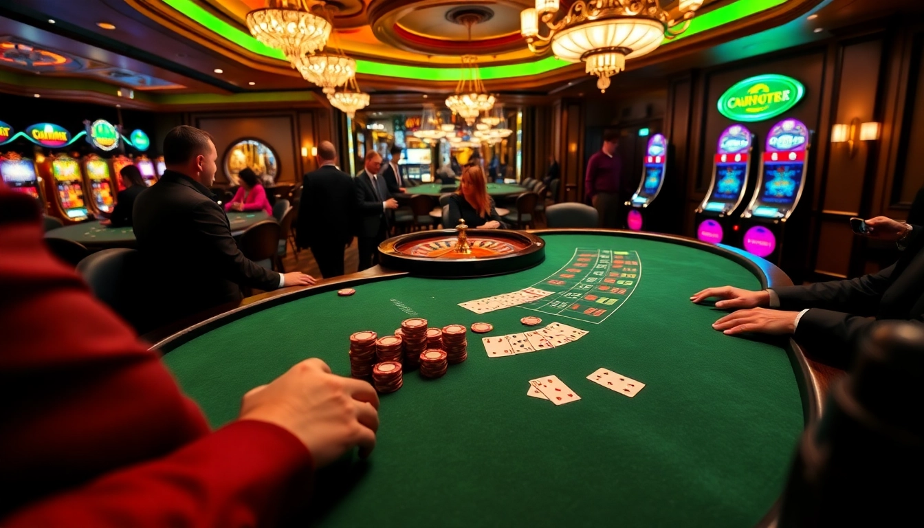 Players engaging in a high-stakes poker game at QQ88 casino, showcasing excitement and vibrant atmosphere.