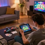 Engaging with the Sunwin app in a cozy online gaming setup, showcasing cards and chips
