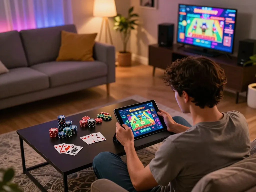 Engaging with the Sunwin app in a cozy online gaming setup, showcasing cards and chips