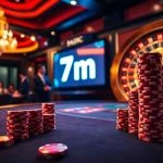 Experience high-stakes poker action at the luxurious 7m casino, complete with vibrant roulette and professional players.