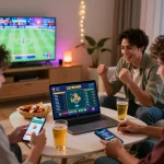 Friends eagerly placing bets on the Luckywin platform in a vibrant online betting scene.