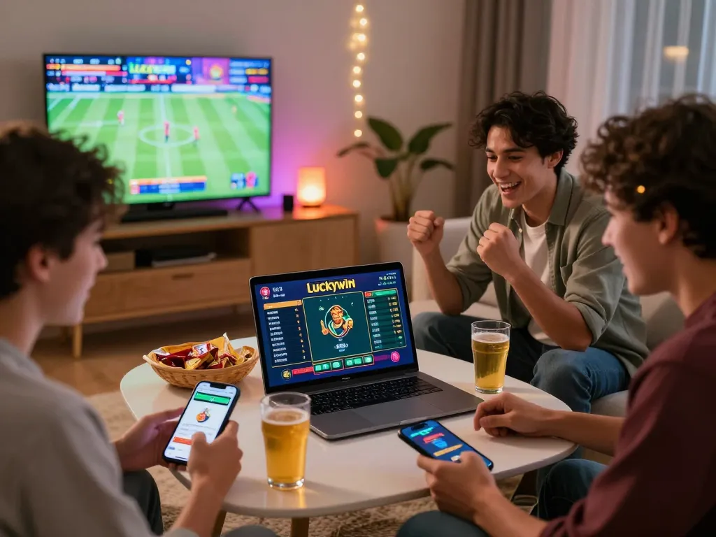 Friends eagerly placing bets on the Luckywin platform in a vibrant online betting scene.