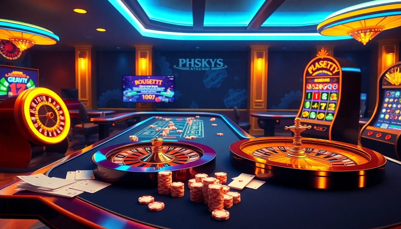 PHSKY online casino featuring vibrant games, roulette table, and luxurious ambiance.