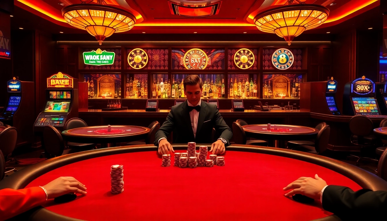 Players engaging in high-stakes poker at a luxurious 8XX casino.