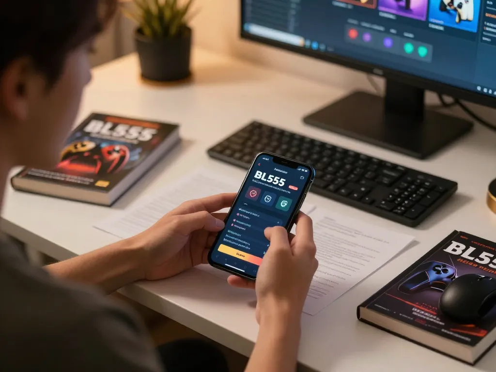 Engaging with BL555's mobile app in a cozy home office setting, highlighting strategic betting actions.