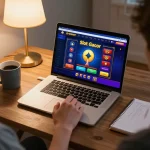Engaging scene of Slot Gacor gameplay on a laptop with a cozy home setting.