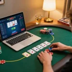 Player engaging with the online poker interface at 789P, showcasing colorful chips in a cozy setting.