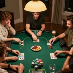 RR88 players engaged in a competitive poker game at a private home setting, showcasing colorful chips and attentive participants