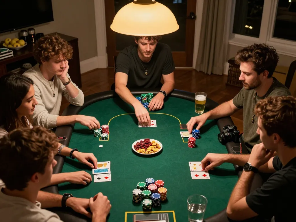 RR88 players engaged in a competitive poker game at a private home setting, showcasing colorful chips and attentive participants