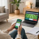 Engaging scene of online sports betting with trang cá cược bóng đá app on smartphone in a cozy setting