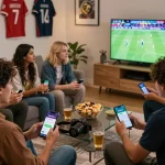Friends enjoying sports betting on Goal123 in a cozy living room setting.