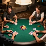 Usbet players strategizing poker bets around a round green felt table