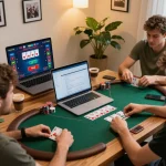 Nohu90 users engaging in online poker game from a cozy home office setup, focusing on strategic gameplay.