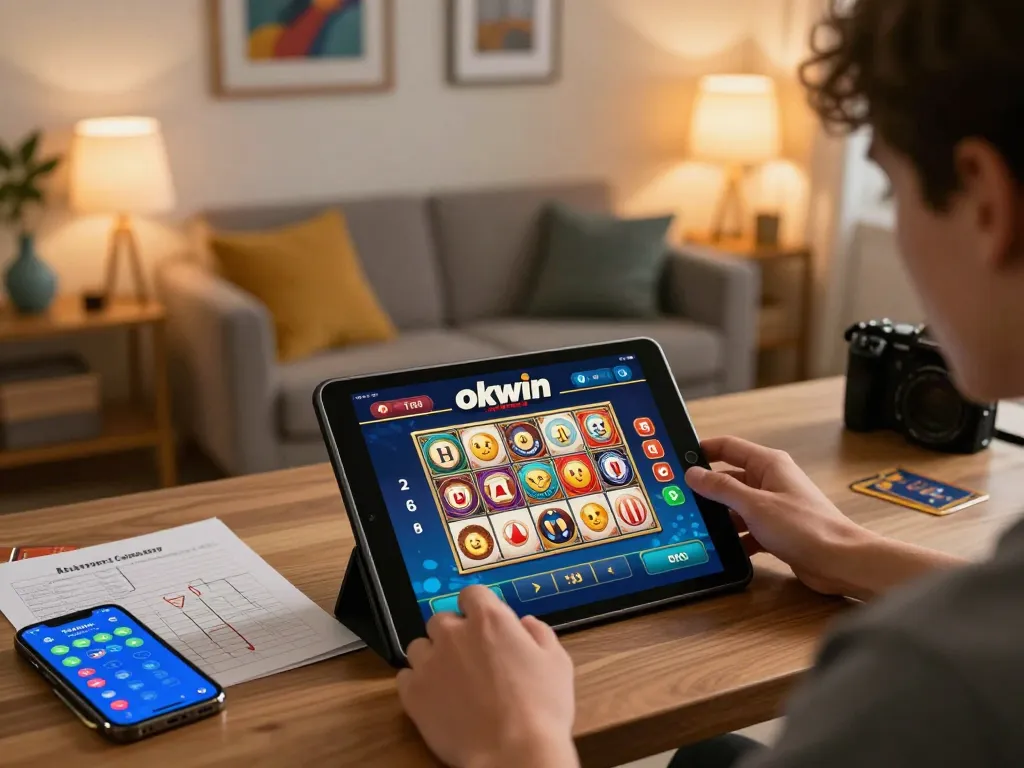 Player exploring okwin casino app during home gaming session with vibrant atmosphere