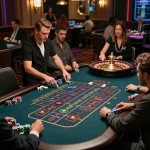 Players enjoying live casino action at VIN88LK roulette table, vibrant atmosphere