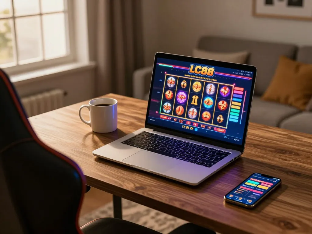 LC88 online gaming experience with vibrant slot game interface and cozy home setup