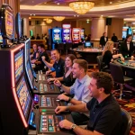 Players celebrating wins at vibrant Vegas casino floor, showcasing mb66 excitement in gambling atmosphere.